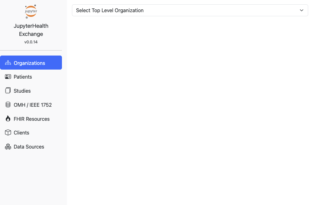 The Exchange dashboard with a sidebar listing Organizations, Patients, Studies, and more