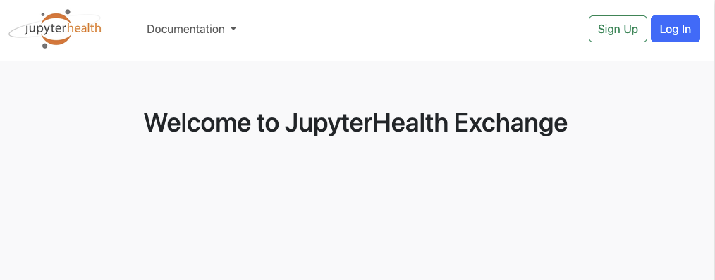 The JupyterHealth Exchange home page with Sign Up and Log In buttons