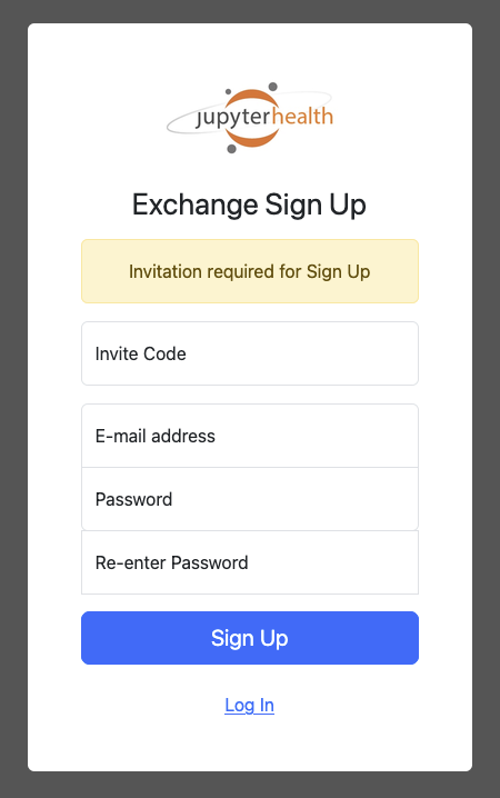 The Exchange Sign Up form with fields for invite code, email, and password